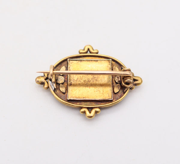 ETRUSCAN REVIVAL 1870 Roman Amphora Micro-Mosaic Brooch In 18Kt Yellow Gold