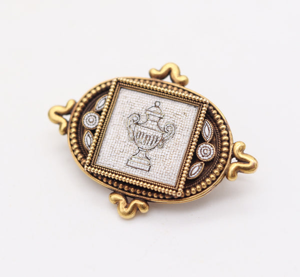 ETRUSCAN REVIVAL 1870 Roman Amphora Micro-Mosaic Brooch In 18Kt Yellow Gold