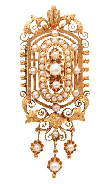 FRENCH 1880 Etruscan Revival Pendant-Brooch In 19Kt Gold With Natural Pearls