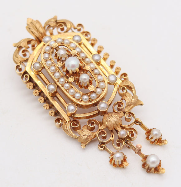 FRENCH 1880 Etruscan Revival Pendant-Brooch In 19Kt Gold With Natural Pearls