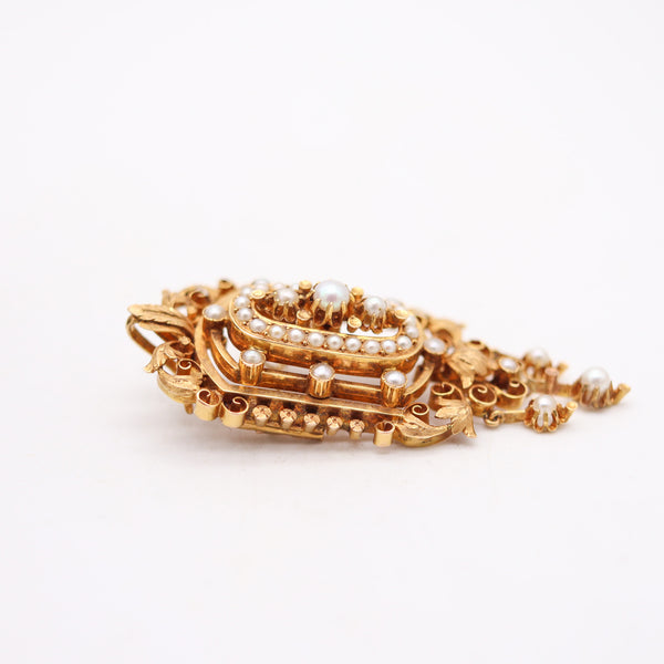 FRENCH 1880 Etruscan Revival Pendant-Brooch In 19Kt Gold With Natural Pearls