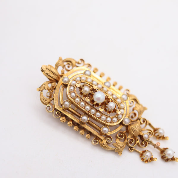 FRENCH 1880 Etruscan Revival Pendant-Brooch In 19Kt Gold With Natural Pearls