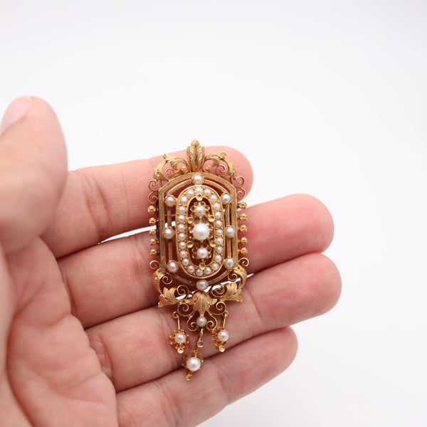 FRENCH 1880 Etruscan Revival Pendant-Brooch In 19Kt Gold With Natural Pearls