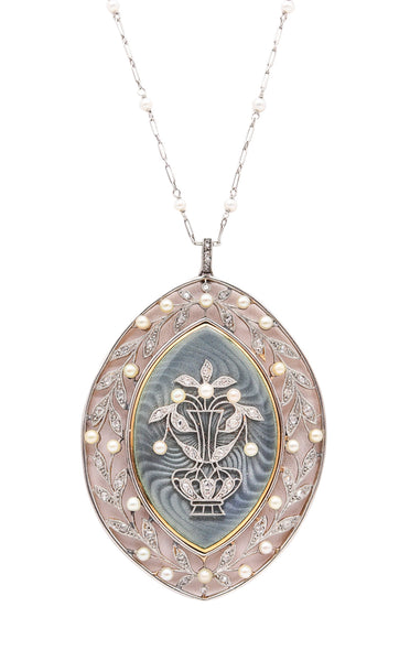 VEVER PARIS 1900 Edwardian Enamelled Platinum Necklace With Diamonds & Pearls