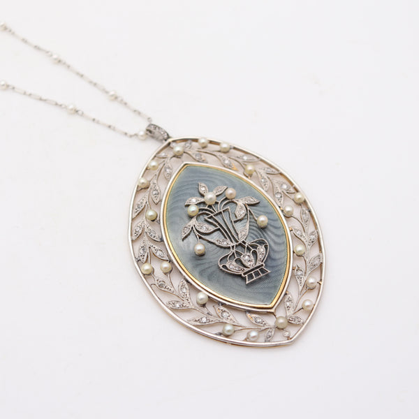 VEVER PARIS 1900 Edwardian Enamelled Platinum Necklace With Diamonds & Pearls
