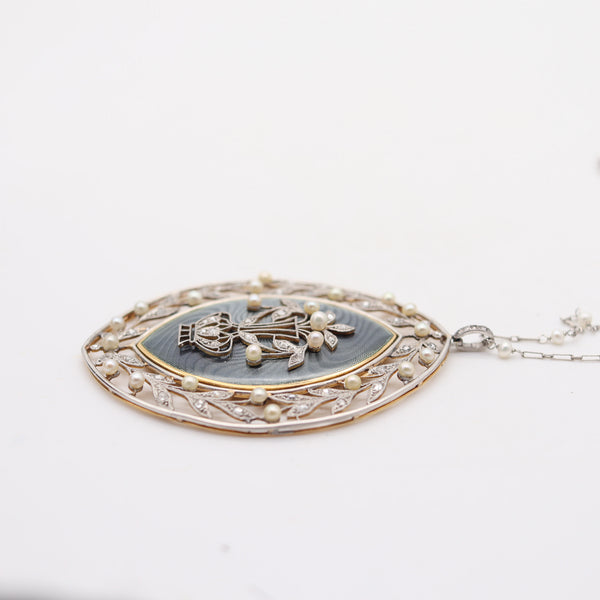 VEVER PARIS 1900 Edwardian Enamelled Platinum Necklace With Diamonds & Pearls