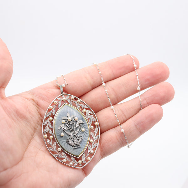VEVER PARIS 1900 Edwardian Enamelled Platinum Necklace With Diamonds & Pearls