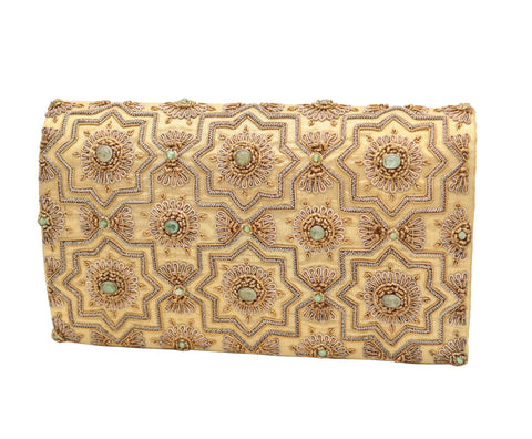 MUGHAL Late Art-Deco 1930's Clutch Purse Silk, Gold And Silver With Green Emeralds
