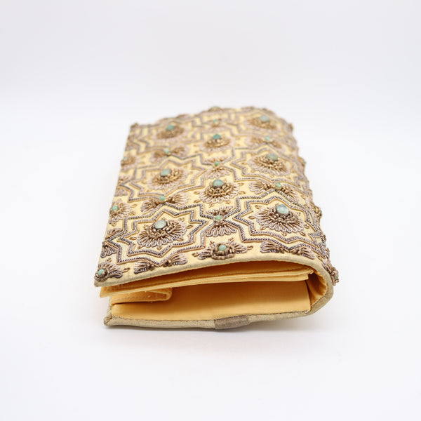 MUGHAL Late Art-Deco 1930's Clutch Purse Silk, Gold And Silver With Green Emeralds