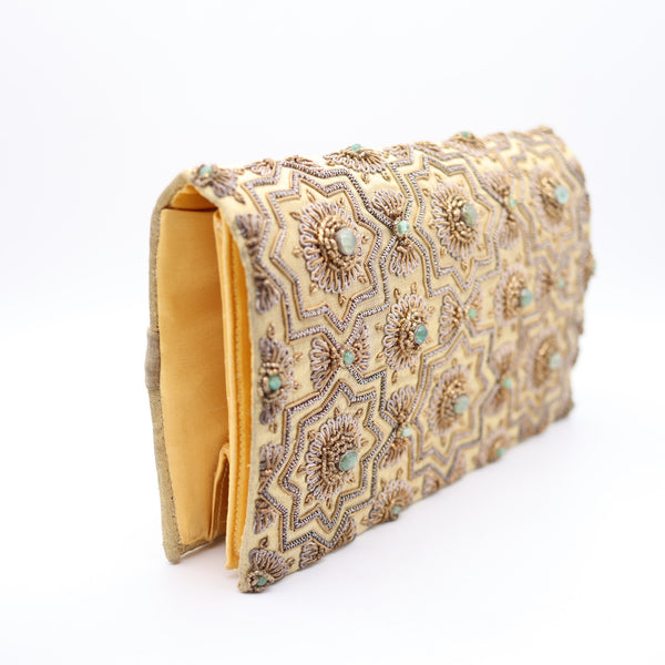 MUGHAL Late Art-Deco 1930's Clutch Purse Silk, Gold And Silver With Green Emeralds