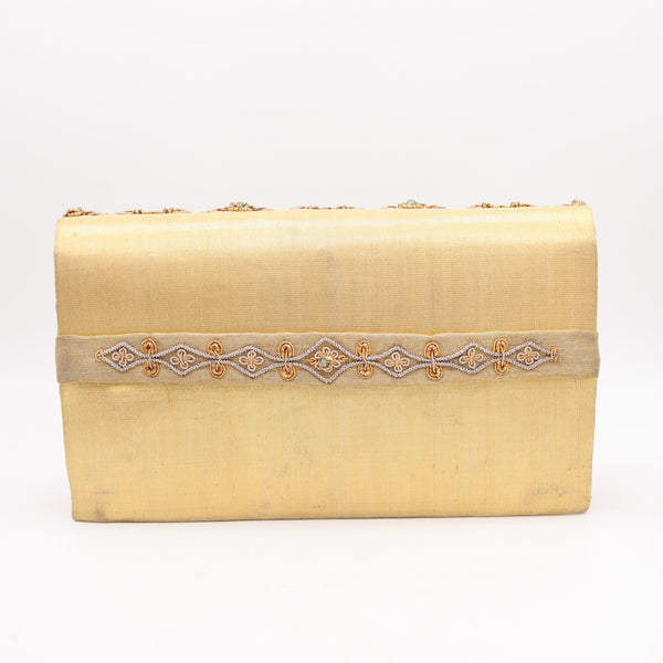 MUGHAL Late Art-Deco 1930's Clutch Purse Silk, Gold And Silver With Green Emeralds