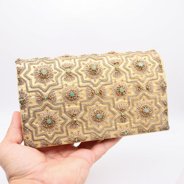 MUGHAL Late Art-Deco 1930's Clutch Purse Silk, Gold And Silver With Green Emeralds