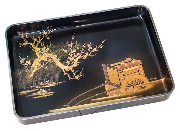 MEIJI PERIOD 1890 Maki-e Presentation Tray In Lacquer & Gold With Kanji Wood Box