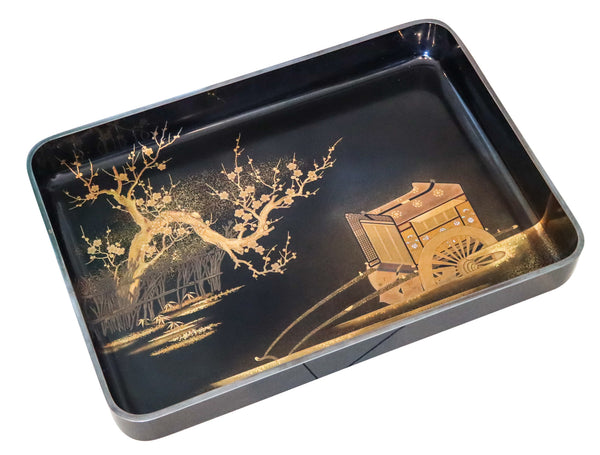 MEIJI PERIOD 1890 Maki-e Presentation Tray In Lacquer & Gold With Kanji Wood Box