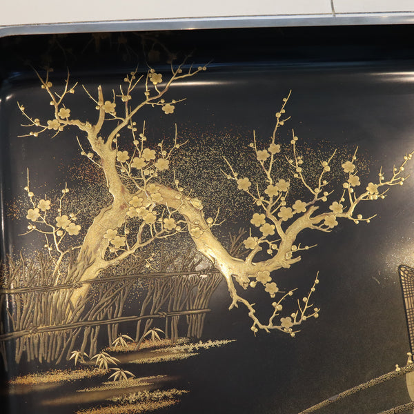 MEIJI PERIOD 1890 Maki-e Presentation Tray In Lacquer & Gold With Kanji Wood Box
