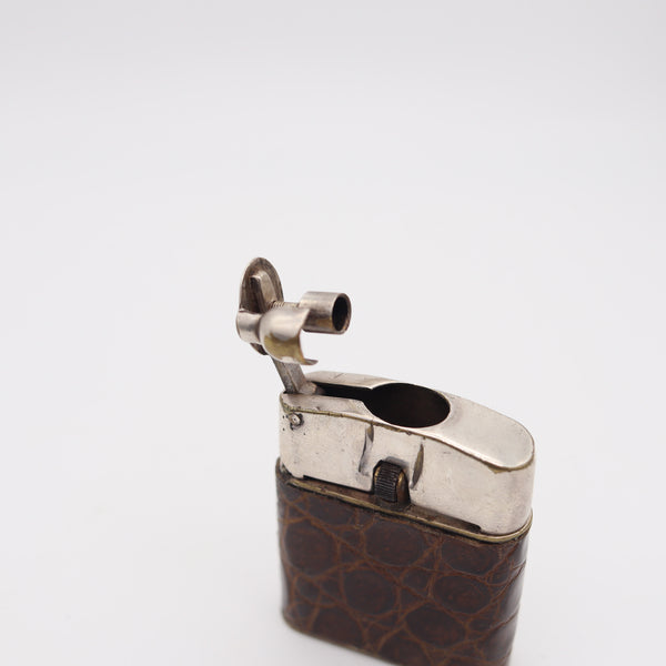 BENEY 1926 England Art Deco Semi Automatic Petrol Lighter With Lizard Leather