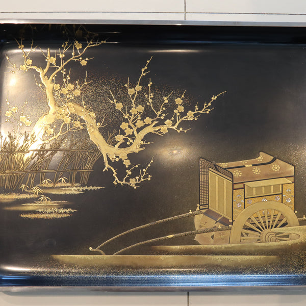 MEIJI PERIOD 1890 Maki-e Presentation Tray In Lacquer & Gold With Kanji Wood Box