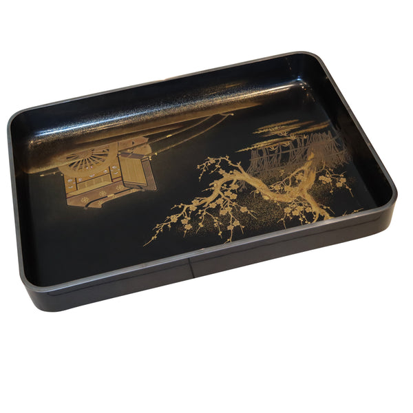 MEIJI PERIOD 1890 Maki-e Presentation Tray In Lacquer & Gold With Kanji Wood Box