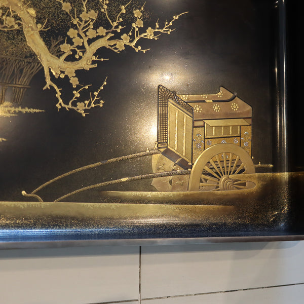 MEIJI PERIOD 1890 Maki-e Presentation Tray In Lacquer & Gold With Kanji Wood Box
