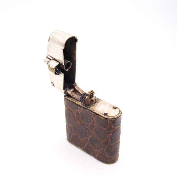 BENEY 1926 England Art Deco Semi Automatic Petrol Lighter With Lizard Leather