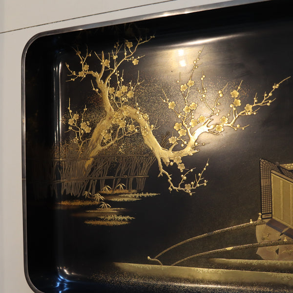 MEIJI PERIOD 1890 Maki-e Presentation Tray In Lacquer & Gold With Kanji Wood Box