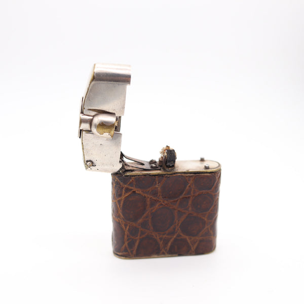BENEY 1926 England Art Deco Semi Automatic Petrol Lighter With Lizard Leather