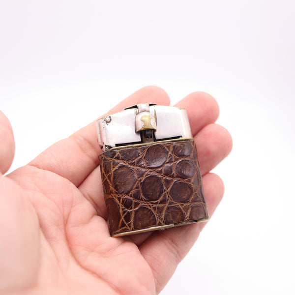 BENEY 1926 England Art Deco Semi Automatic Petrol Lighter With Lizard Leather