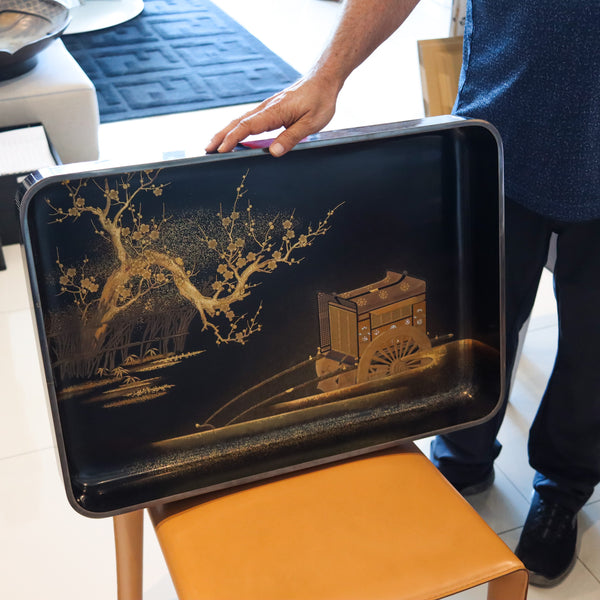 MEIJI PERIOD 1890 Maki-e Presentation Tray In Lacquer & Gold With Kanji Wood Box