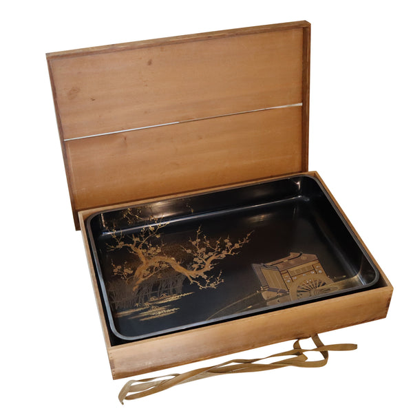 MEIJI PERIOD 1890 Maki-e Presentation Tray In Lacquer & Gold With Kanji Wood Box