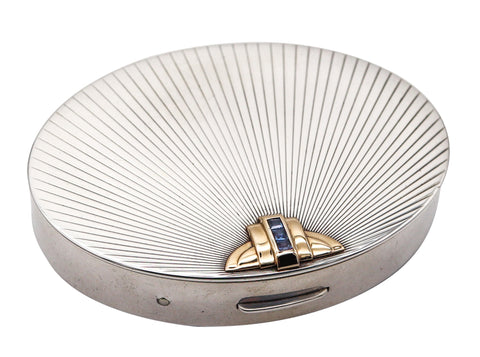 -Tiffany & Co. 1938 Art Deco Oval pill Box In .925 Sterling And 14Kt Gold With Sapphires