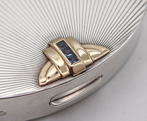 -Tiffany & Co. 1938 Art Deco Oval pill Box In .925 Sterling And 14Kt Gold With Sapphires