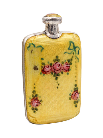 EDWARDIAN 1905 German Enameled Guilloche Perfume Purse Bottle In Sterling Silver