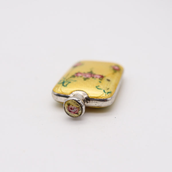 EDWARDIAN 1905 German Enameled Guilloche Perfume Purse Bottle In Sterling Silver