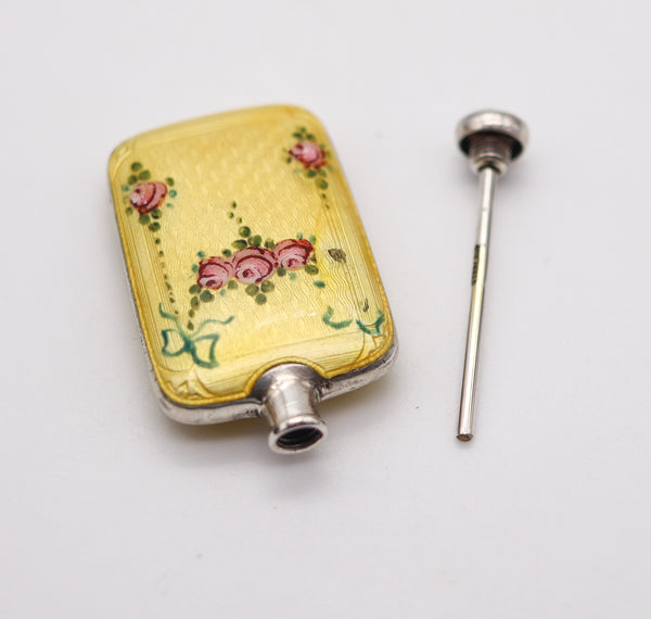 EDWARDIAN 1905 German Enameled Guilloche Perfume Purse Bottle In Sterling Silver