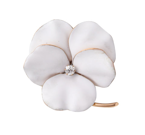 EDWARDIAN 1905 Enameled White Pansy Pendant-Brooch In 14Kt Gold With Diamond