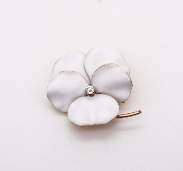 EDWARDIAN 1905 Enameled White Pansy Pendant-Brooch In 14Kt Gold With Diamond