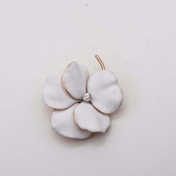 EDWARDIAN 1905 Enameled White Pansy Pendant-Brooch In 14Kt Gold With Diamond