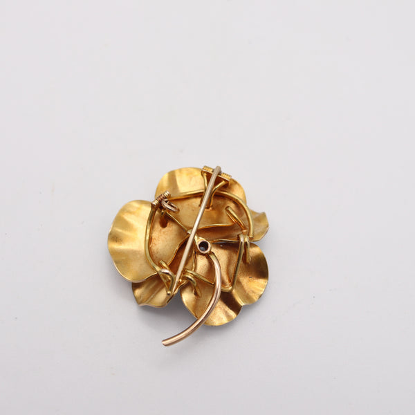 EDWARDIAN 1905 Enameled White Pansy Pendant-Brooch In 14Kt Gold With Diamond