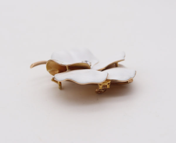 EDWARDIAN 1905 Enameled White Pansy Pendant-Brooch In 14Kt Gold With Diamond