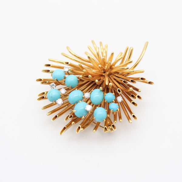 ANDREW GRIMA 1963 London Turquoises Massive Brooch In 18Kt Gold With Diamonds