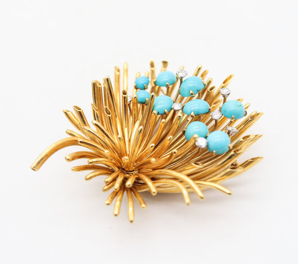 ANDREW GRIMA 1963 London Turquoises Massive Brooch In 18Kt Gold With Diamonds