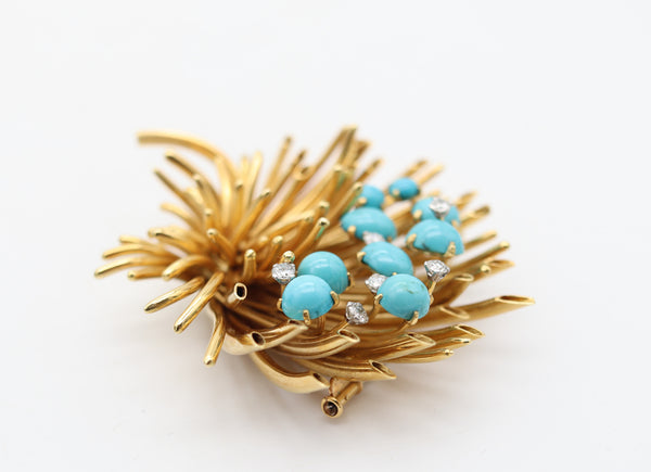 ANDREW GRIMA 1963 London Turquoises Massive Brooch In 18Kt Gold With Diamonds