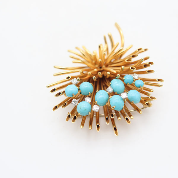 ANDREW GRIMA 1963 London Turquoises Massive Brooch In 18Kt Gold With Diamonds