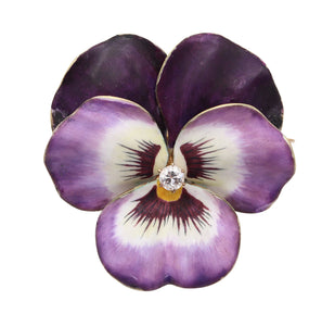 HEDGE & CO. 1900 Art Nouveau Purple Enamel Pansy Brooch In 14Kt Gold Diamond