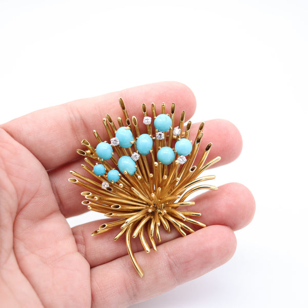 ANDREW GRIMA 1963 London Turquoises Massive Brooch In 18Kt Gold With Diamonds