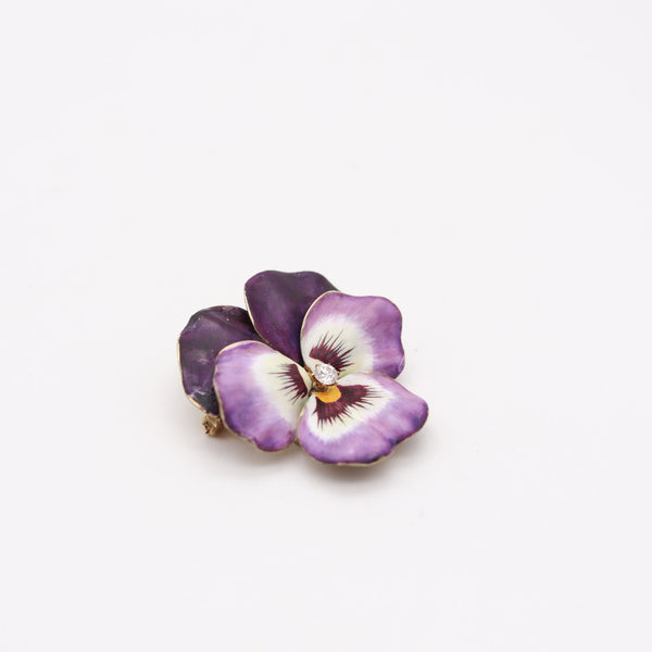 HEDGE & CO. 1900 Art Nouveau Purple Enamel Pansy Brooch In 14Kt Gold Diamond
