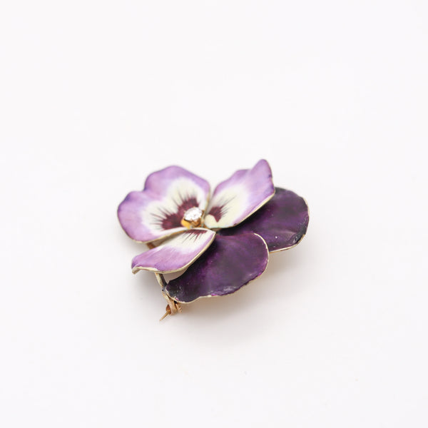 HEDGE & CO. 1900 Art Nouveau Purple Enamel Pansy Brooch In 14Kt Gold Diamond