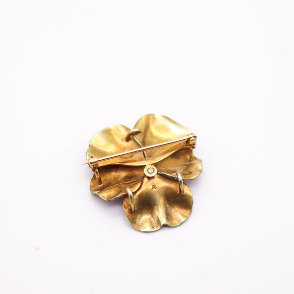 HEDGE & CO. 1900 Art Nouveau Purple Enamel Pansy Brooch In 14Kt Gold Diamond