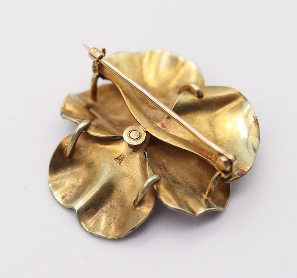 HEDGE & CO. 1900 Art Nouveau Purple Enamel Pansy Brooch In 14Kt Gold Diamond