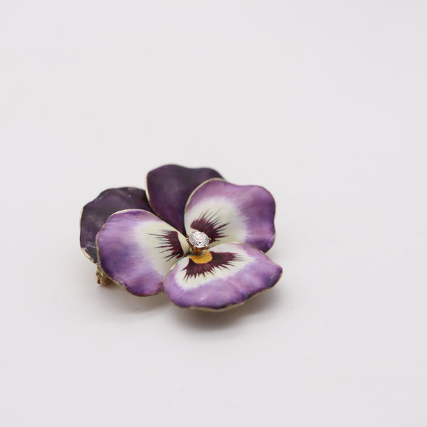HEDGE & CO. 1900 Art Nouveau Purple Enamel Pansy Brooch In 14Kt Gold Diamond